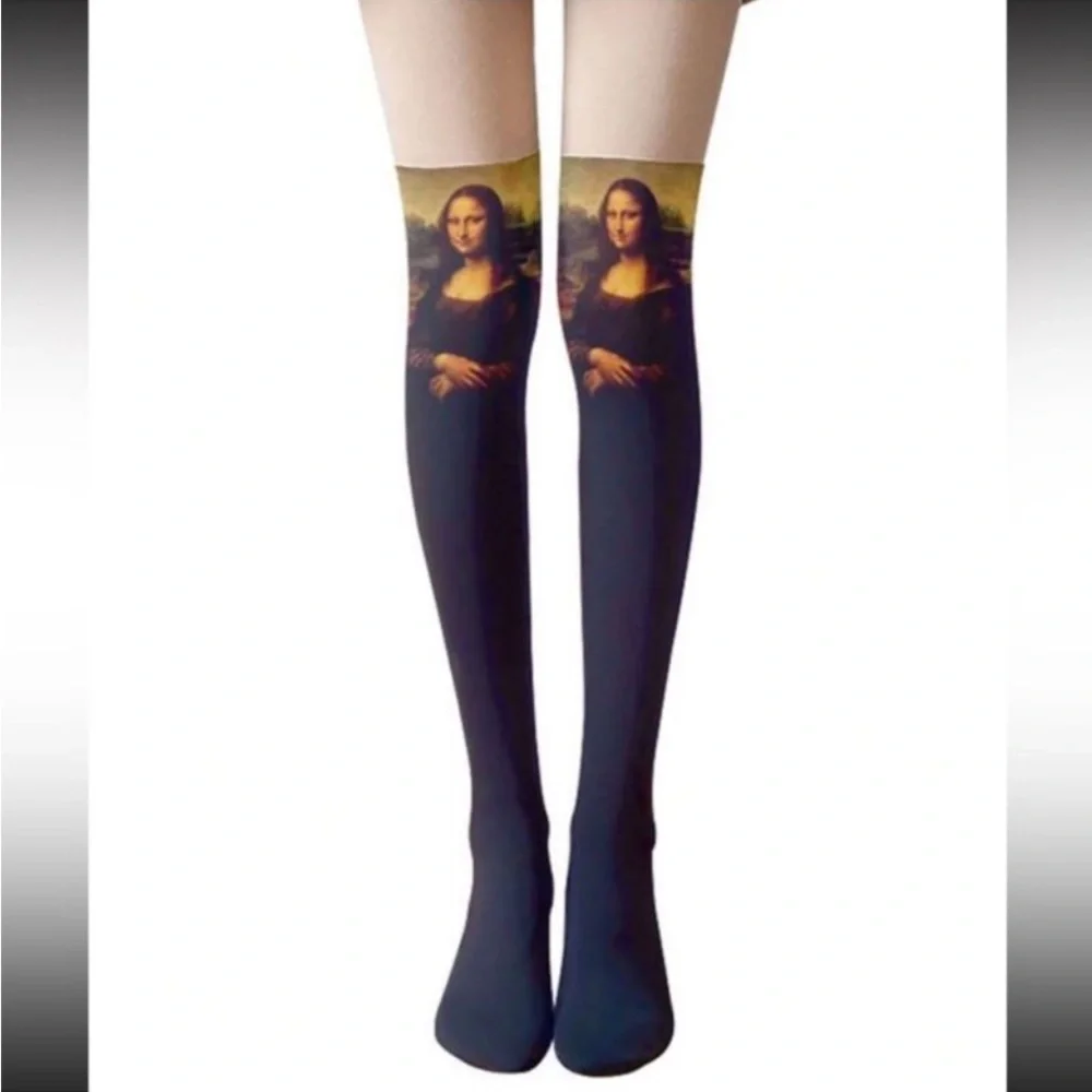 Mona Lisa Print Thigh-High Socks - Picture 2 of 2